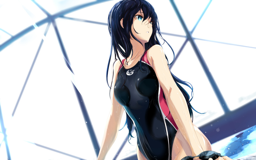 1girl black_hair blue_eyes breasts commentary_request competition_swimsuit goggles goggles_removed highres one-piece_swimsuit original pool revision sakuraidai solo swimsuit water wet