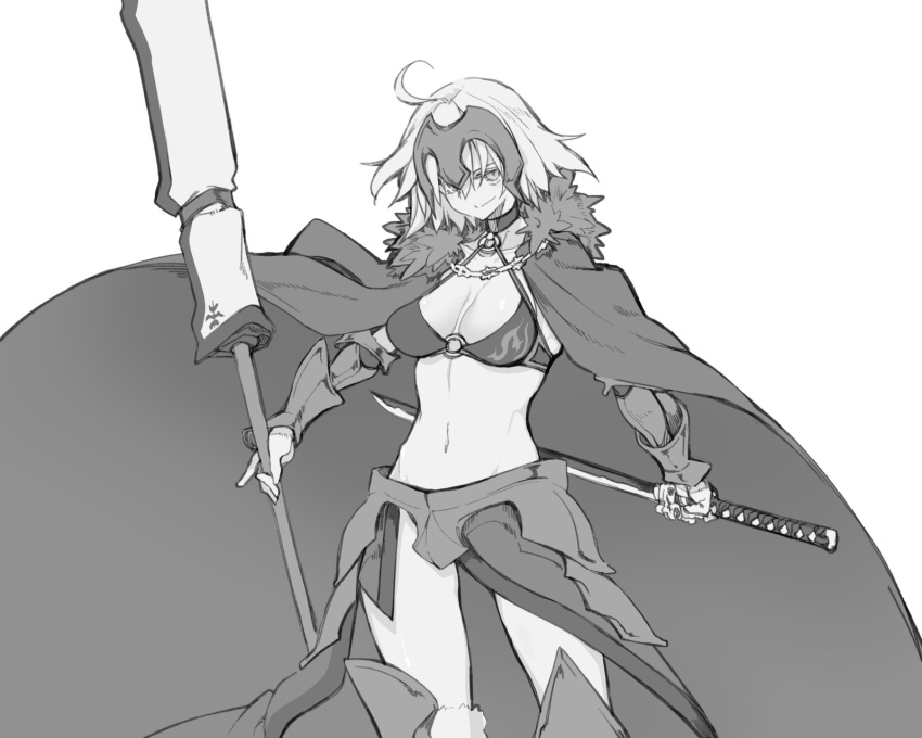 10mo 1girl ahoge armor bikini bikini_top_only breasts cape collarbone fate/grand_order fate_(series) flag flagpole fur_collar fur_trim gauntlets greyscale headpiece highres holding holding_flag holding_sword holding_weapon jeanne_d'arc_(alter)_(fate) jeanne_d'arc_(fate) katana medium_breasts monochrome revealing_clothes reverse_grip short_hair simple_background solo swimsuit sword weapon white_background