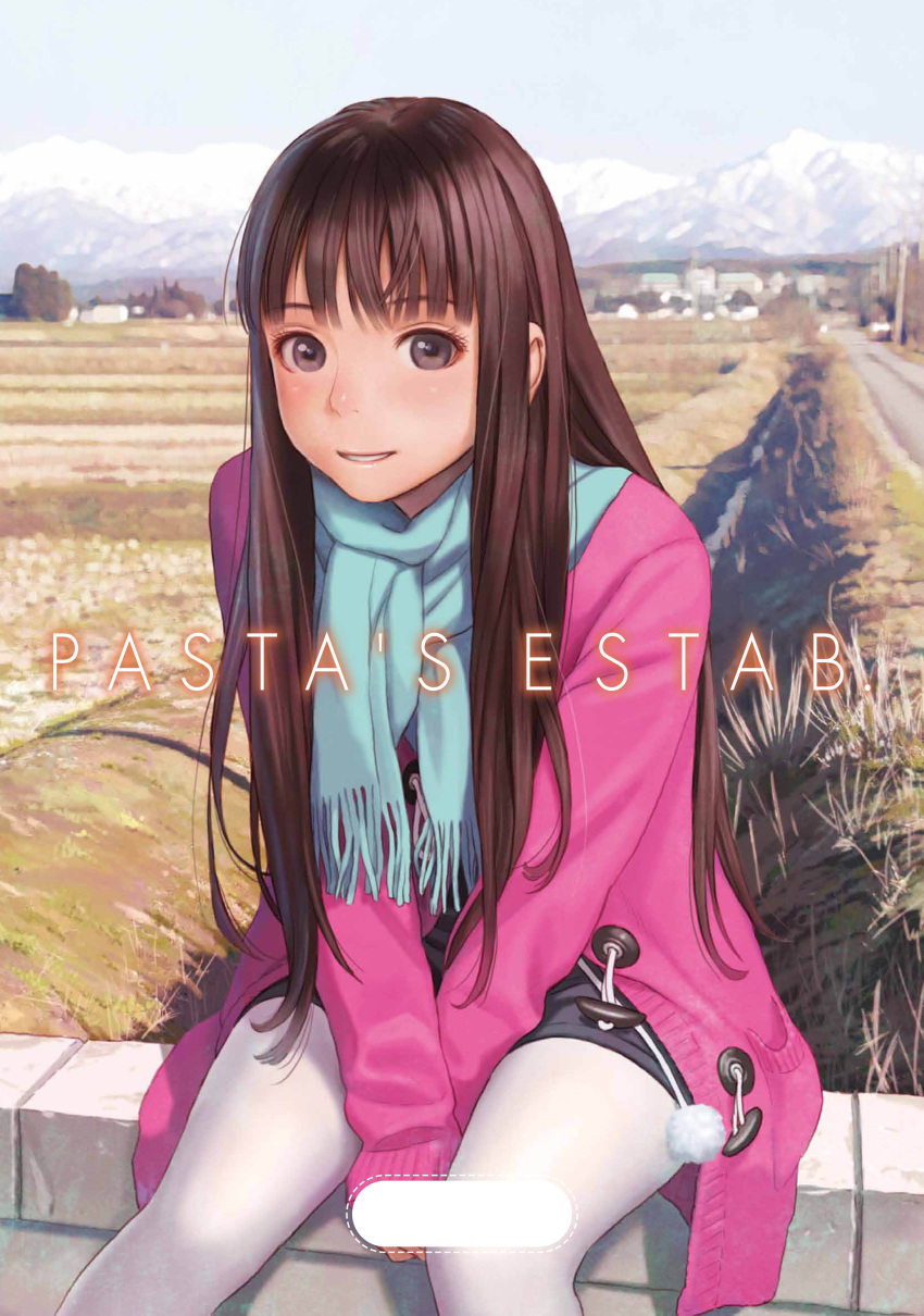 1girl absurdres bangs between_legs blue_scarf brown_eyes brown_hair cover cover_page day feet_out_of_frame hand_between_legs highres jacket legwear_under_shorts long_hair long_sleeves looking_at_viewer murata_range open_clothes open_jacket original outdoors pantyhose parted_lips pink_jacket pom_pom_(clothes) scarf shorts sitting sleeves_past_wrists smile solo straight_hair v_arms white_legwear