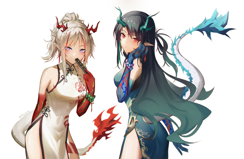2girls absurdres arknights ass bangs bare_shoulders bead_bracelet beads black_hair blue_dress blue_fire blue_skin bracelet breasts closed_fan closed_mouth colored_skin covered_navel cowboy_shot dragon_girl dragon_horns dragon_tail dress dusk_(arknights) dusk_(everything_is_a_miracle)_(arknights) earrings eyebrows_visible_through_hair fiery_tail fire folding_fan gradient_hair gradient_skin green_hair hand_fan hand_in_hair hand_up highres holding holding_fan horns jewelry leaning_forward long_hair looking_at_viewer looking_back medium_breasts multicolored_hair multiple_girls nian_(arknights) nian_(unfettered_freedom)_(arknights) official_alternate_costume parted_bangs pelvic_curtain pointy_ears red_eyes red_skin redhead short_hair short_ponytail shouz silver_hair simple_background sleeveless sleeveless_dress smile streaked_hair tail tail_through_clothes translation_request two-tone_hair v-shaped_eyebrows very_long_hair violet_eyes white_background white_dress