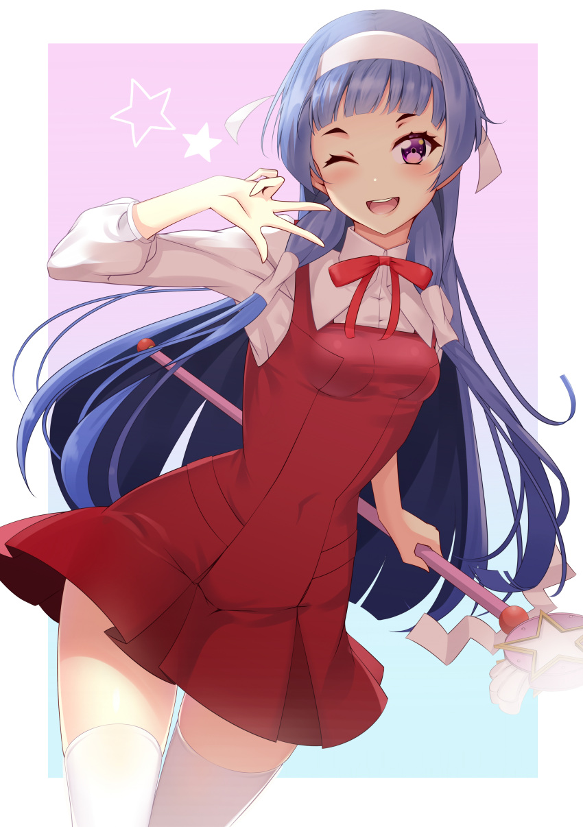 1girl ;d absurdres blue_hair blush border breasts commentary dress dress_shirt headband highres holding holding_staff kannagi koyaya long_hair long_sleeves looking_at_viewer nagi_(kannagi) neck_ribbon one_eye_closed outside_border pinafore_dress red_dress red_ribbon ribbon shiny shiny_hair shirt short_dress sleeveless sleeveless_dress small_breasts smile solo staff straight_hair thigh-highs very_long_hair violet_eyes w white_border white_headband white_legwear white_shirt zettai_ryouiki