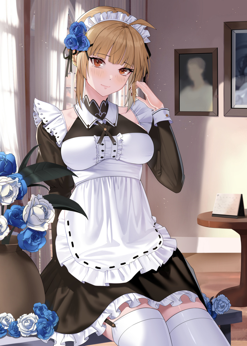 1girl ahoge apron bangs black_dress blue_flower blue_rose blunt_bangs blush braid breasts brown_eyes brown_hair center_frills curtains dress eyebrows_visible_through_hair flower french_braid frilled_apron frilled_dress frills garter_straps hair_flower hair_ornament highres indoors light_smile long_sleeves looking_at_viewer maid maid_apron maid_headdress medium_breasts original painting_(object) puffy_long_sleeves puffy_sleeves red_nails rose sidelocks siha sitting sitting_on_table solo table thigh-highs vase white_apron white_flower white_legwear white_rose window zettai_ryouiki