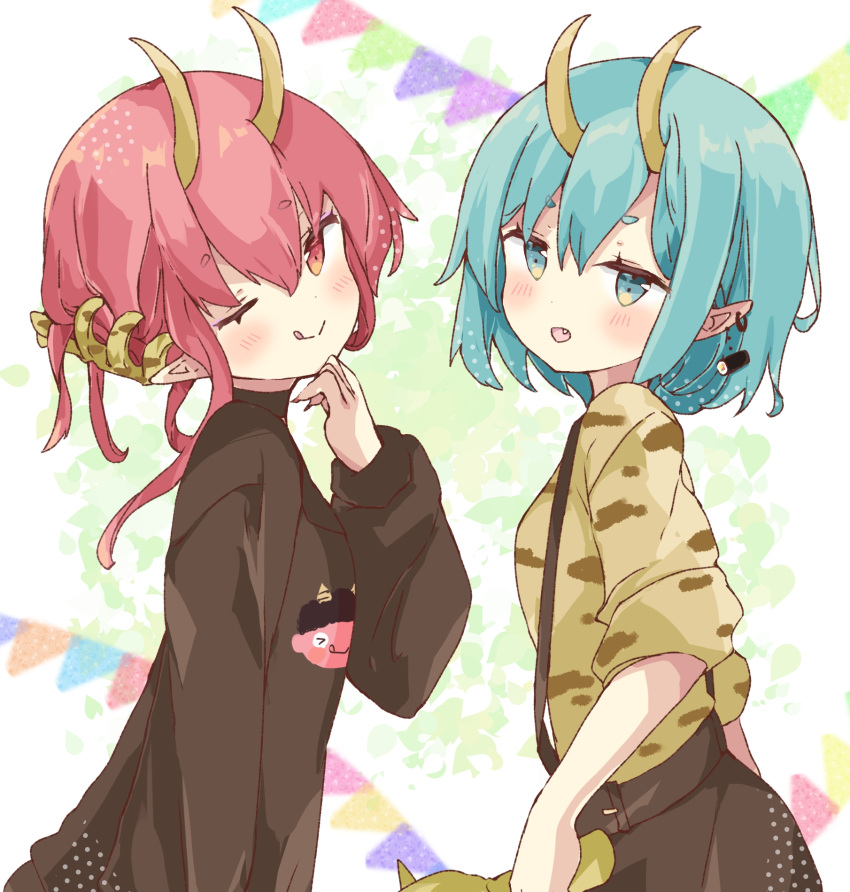 2girls :d ;q bangs black_shirt black_skirt blue_eyes blue_hair blush breasts brown_shirt closed_mouth commentary ear_piercing fang hair_between_eyes hand_up head_tilt highres horns long_sleeves multiple_girls one_eye_closed original pennant piercing pointy_ears puffy_long_sleeves puffy_sleeves red_eyes redhead shirt short_eyebrows short_sleeves skirt small_breasts smile string_of_flags suspender_skirt suspenders symbol-only_commentary thick_eyebrows tongue tongue_out tsukiyo_(skymint) upper_body