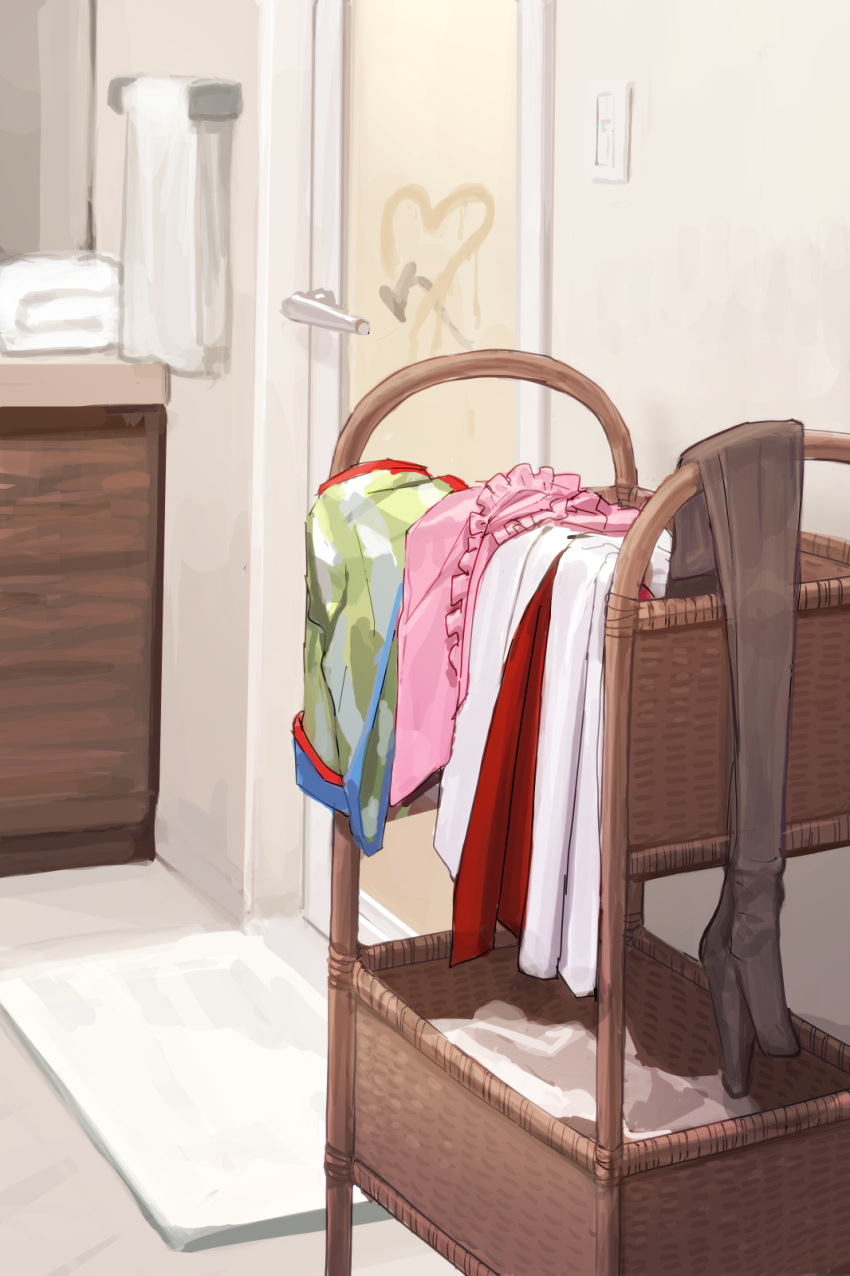 bathroom clothes commentary_request condensation demon_tail frills glass_door glass_writing heart highres hololive implied_yuri indoors jacket jenimaro pantyhose pink_shirt shirt striped striped_shirt tail towel white_jacket window_fog yuzuki_choco