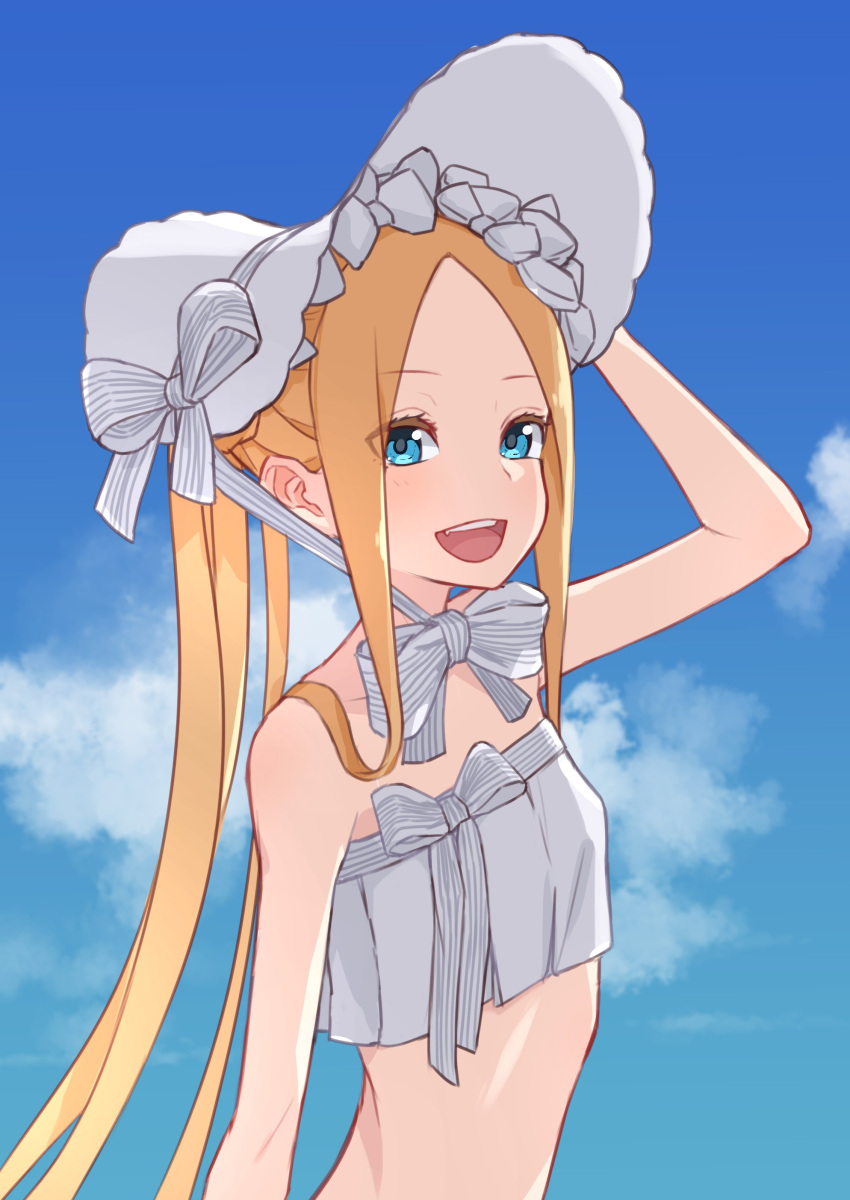 1girl abigail_williams_(fate) abigail_williams_(swimsuit_foreigner)_(fate) absurdres bangs bare_shoulders bikini blonde_hair blue_sky bonnet bow breasts fate/grand_order fate_(series) forehead highres kopaka_(karda_nui) long_hair looking_at_viewer multiple_bows open_mouth parted_bangs sidelocks sky small_breasts smile solo swimsuit twintails very_long_hair white_bikini white_bow white_headwear