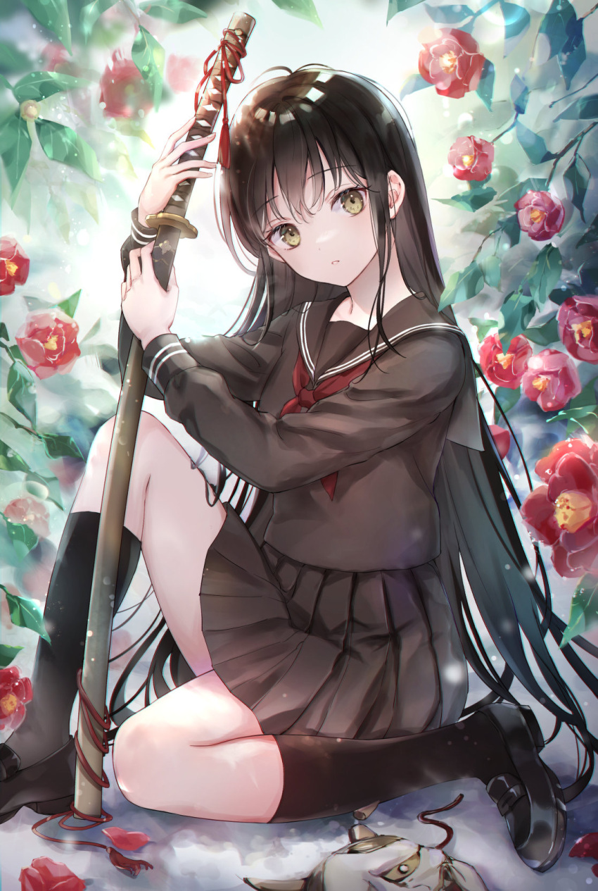 1girl black_hair black_legwear black_serafuku branch camellia day flower highres holding holding_sword holding_weapon katana leaf long_hair looking_away original parted_lips school_uniform serafuku shoes sitting skirt snow sword tsumugi_8345 uniform weapon yellow_eyes