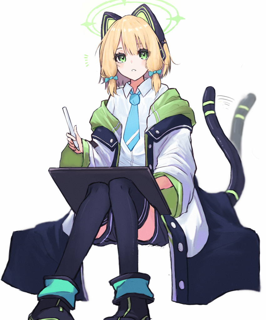 1girl bangs black_footwear black_legwear black_shorts blonde_hair blue_archive blue_necktie bow cat_ear_headphones cat_tail collared_shirt drawing_tablet full_body green_bow green_eyes green_jacket hair_between_eyes hair_bow halo headphones high_tops highres hinagishi_haru holding holding_stylus jacket kneehighs knees_together_feet_apart light_blush long_sleeves looking_at_viewer midori_(blue_archive) multicolored_clothes multicolored_jacket necktie notice_lines off_shoulder parted_lips shirt short_hair shorts sidelocks simple_background sitting solo stylus tail tail_wagging white_background white_jacket white_shirt
