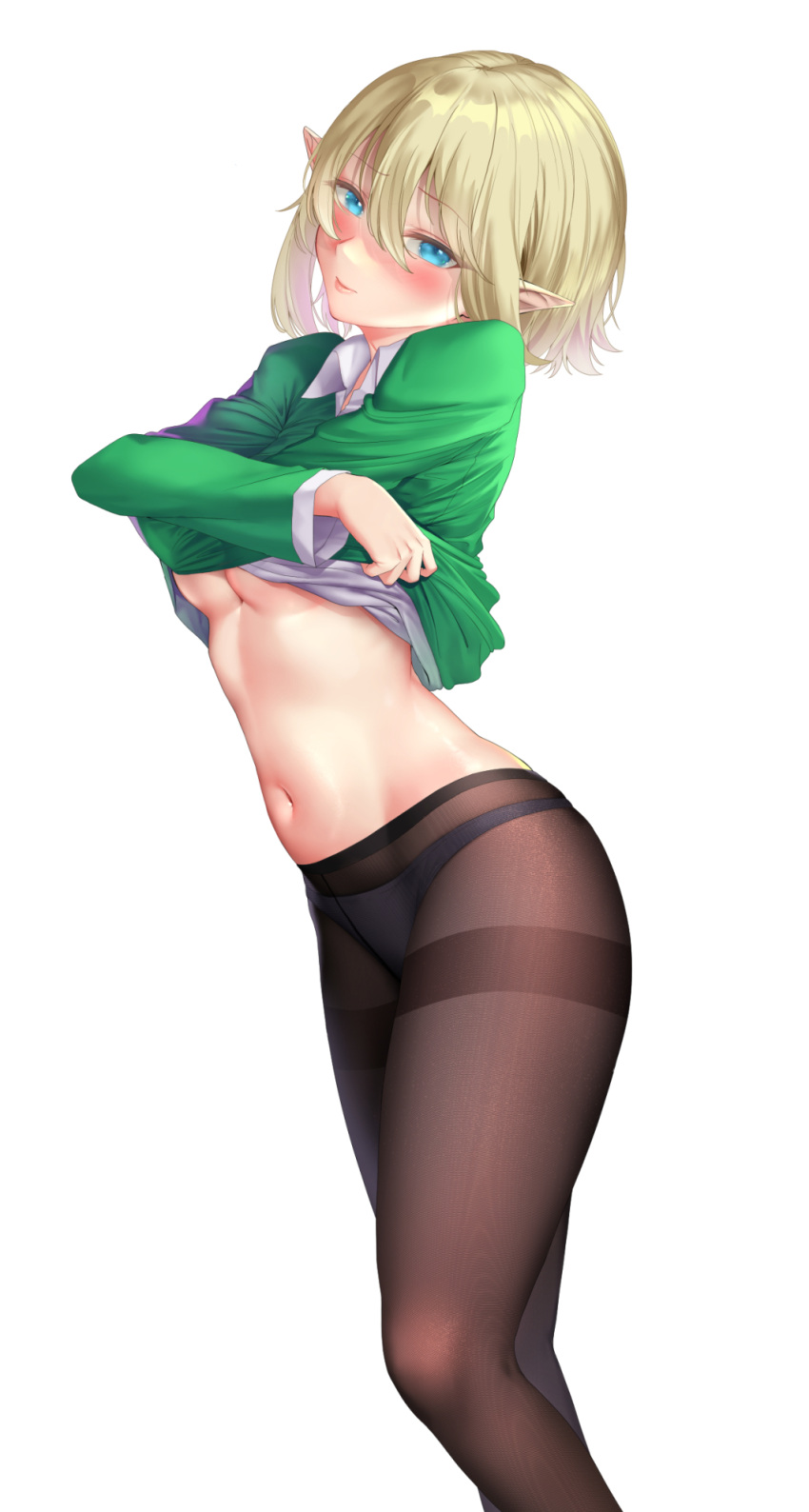 1girl bangs black_legwear blue_eyes blush breasts closed_mouth clothes_lift collared_shirt dress dress_shirt dungeon_ni_deai_wo_motomeru_no_wa_machigatteiru_darou_ka eyebrows_visible_through_hair green_jacket hair_between_eyes highres jacket jacket_lift knsei lifted_by_self looking_at_viewer medium_breasts midriff navel panties panties_under_pantyhose pantyhose ryu_lion shiny shiny_hair shirt shirt_lift short_hair silver_hair simple_background smile solo standing stomach straight_hair sundress thighband_pantyhose under_boob underwear white_background white_shirt wing_collar