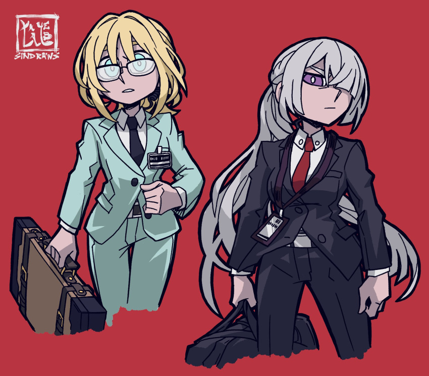 2girls ak-15_(girls'_frontline) an-94_(girls'_frontline) blonde_hair blue_eyes blue_suit breasts collared_shirt crossover formal girls_frontline glasses hair_over_one_eye helltaker highres holding holding_suitcase id_card long_hair looking_at_viewer multiple_girls necktie parody ponytail red_background shirt signature silver_hair simple_background sindraws style_parody suit suit_jacket suitcase violet_eyes