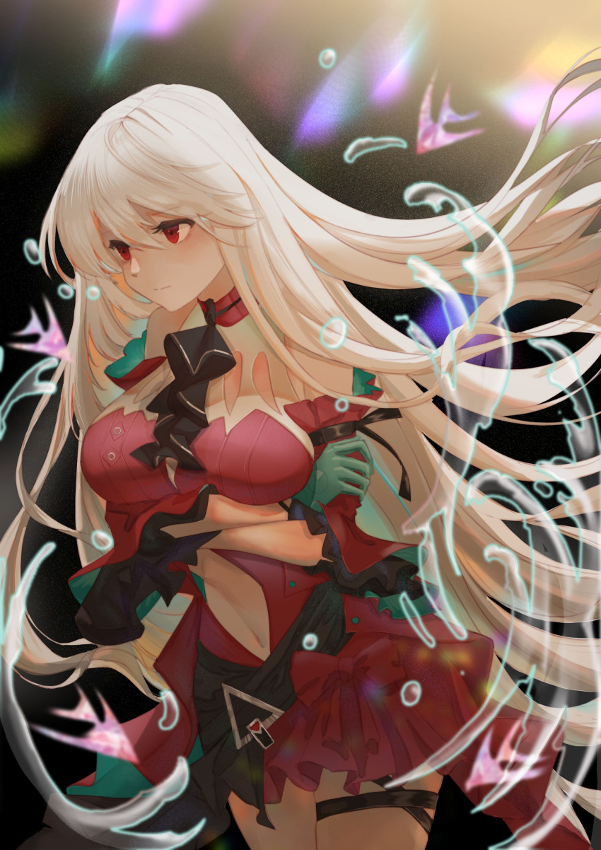 1girl :| absurdres aqua_gloves arknights ascot black_ascot bow breasts bubble closed_mouth clothing_cutout crossed_arms eyebrows_visible_through_hair gloves hair_between_eyes highres holding_own_arm hua_miao_(srrs7842) large_breasts long_hair navel_cutout official_alternate_costume red_eyes silver_hair skadi_(arknights) solo very_long_hair