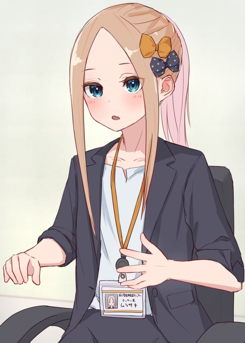 1girl abigail_williams_(fate) absurdres bangs black_bow black_jacket blonde_hair blue_eyes bow breasts chair fate/grand_order fate_(series) forehead hair_bow highres id_card jacket kopaka_(karda_nui) long_hair multiple_bows office_chair office_lady open_mouth orange_bow parted_bangs polka_dot polka_dot_bow ponytail shirt sidelocks small_breasts white_shirt