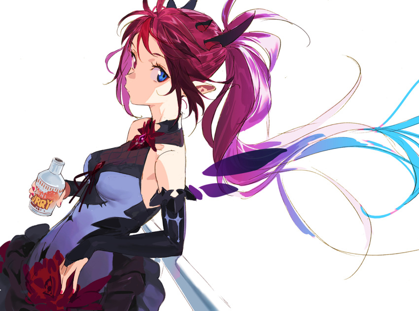 1girl bare_shoulders black_skirt blue_eyes closed_mouth demon_horns detached_sleeves detached_wings dress flower from_side hair_blowing heterochromia hololive hololive_english horns irys_(hololive) layered_skirt long_hair looking_at_viewer multicolored_hair nail_polish pako pointy_ears ponytail purple_skirt red_brooch red_eyes red_skirt redhead skirt soda_bottle solo streaked_hair two-tone_hair virtual_youtuber wings