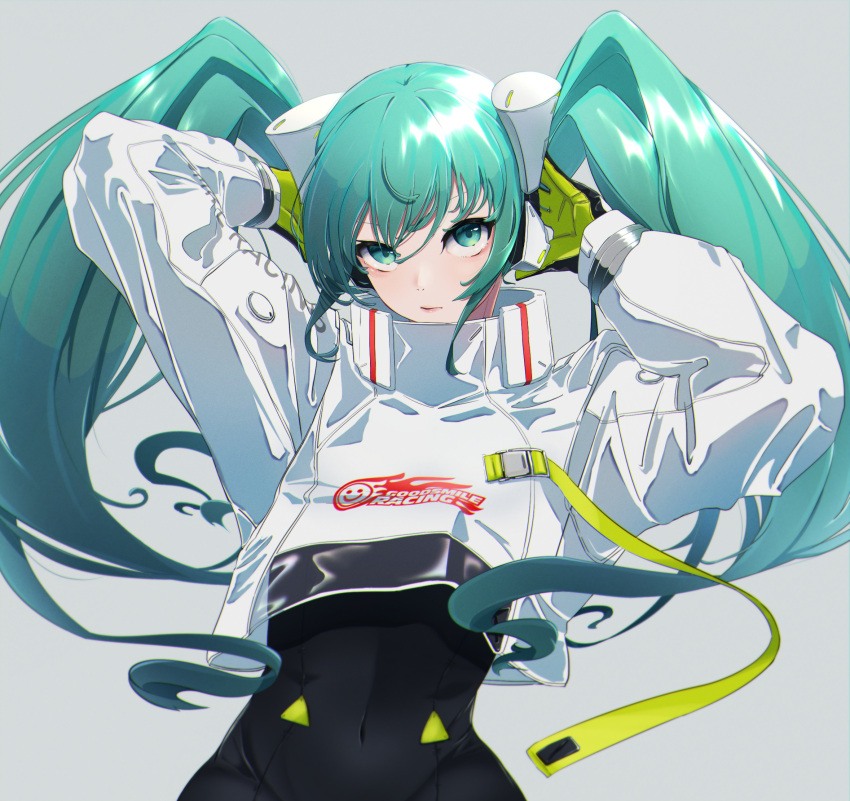 1girl aqua_eyes aqua_hair arms_behind_head arms_up bangs black_bodysuit black_gloves bodysuit bodysuit_under_clothes covered_navel crop_top crop_top_overhang cropped_jacket expressionless floating_hair gloves goodsmile_racing green_gloves grey_background hatsune_miku highres jacket kasoku_souchi linea_alba logo long_hair long_sleeves looking_up puffy_sleeves racing_miku racing_miku_(2022) shiny shiny_hair simple_background smiley_face solo strap twintails two-tone_gloves upper_body very_long_hair vocaloid white_jacket