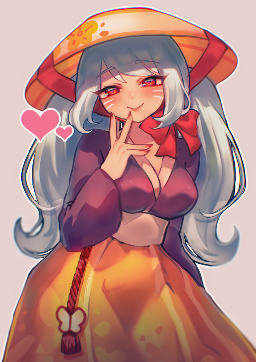 1girl absurdres bangs blush bow breasts chromatic_aberration closed_mouth contrapposto cookie_run facial_mark finger_to_mouth hat head_tilt heart heart-shaped_pupils highres humanization lips long_hair medium_breasts qiu_ju red_bow red_eyes rice_hat skirt smile solo standing straw_hat symbol-shaped_pupils twintails whisker_markings white_background white_hair yellow_skirt