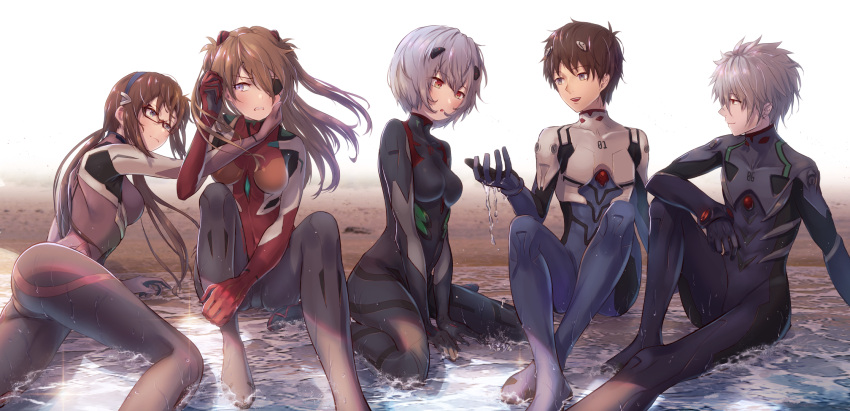 2boys 3girls :d ayanami_rei beach between_legs black_bodysuit blue_bodysuit bodysuit breasts breasts_apart brown_eyes brown_hair closed_mouth covered_navel day evangelion:_3.0+1.0_thrice_upon_a_time eyepatch floating_hair glasses hand_between_legs hand_on_another's_shoulder highres ikari_shinji long_hair looking_to_the_side makinami_mari_illustrious medium_breasts multiple_boys multiple_girls nagisa_kaworu neon_genesis_evangelion open_mouth outdoors plugsuit rebuild_of_evangelion red-framed_eyewear red_bodysuit red_eyes shiny shiny_hair short_hair silver_hair sitting smile souryuu_asuka_langley wariza yumesaki_takeshi