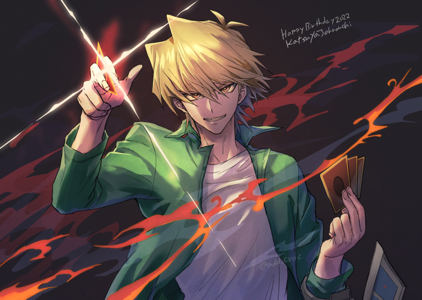 1boy blonde_hair card duel_disk green_jacket grin highres holding holding_card ikam jacket jounouchi_katsuya looking_at_viewer male_focus shirt smile solo upper_body white_shirt yu-gi-oh! yu-gi-oh!_duel_monsters