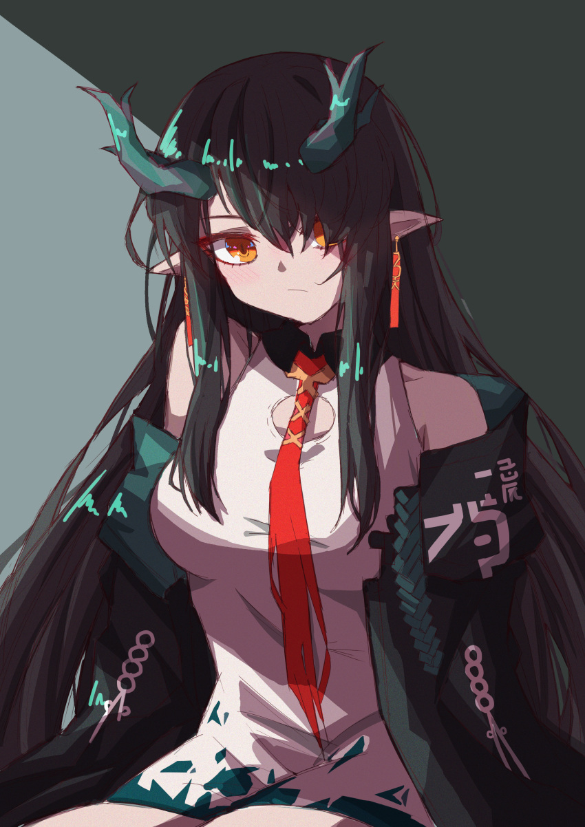 1girl :/ absurdres arknights bare_shoulders breasts cleavage_cutout clothing_cutout ddman dragon_girl dress dusk dusk_(arknights) green_hair green_horns highres horns jacket large_breasts long_hair looking_at_viewer multicolored_hair pointy_ears red_tie simple_background solo streaked_hair very_long_hair white_dress