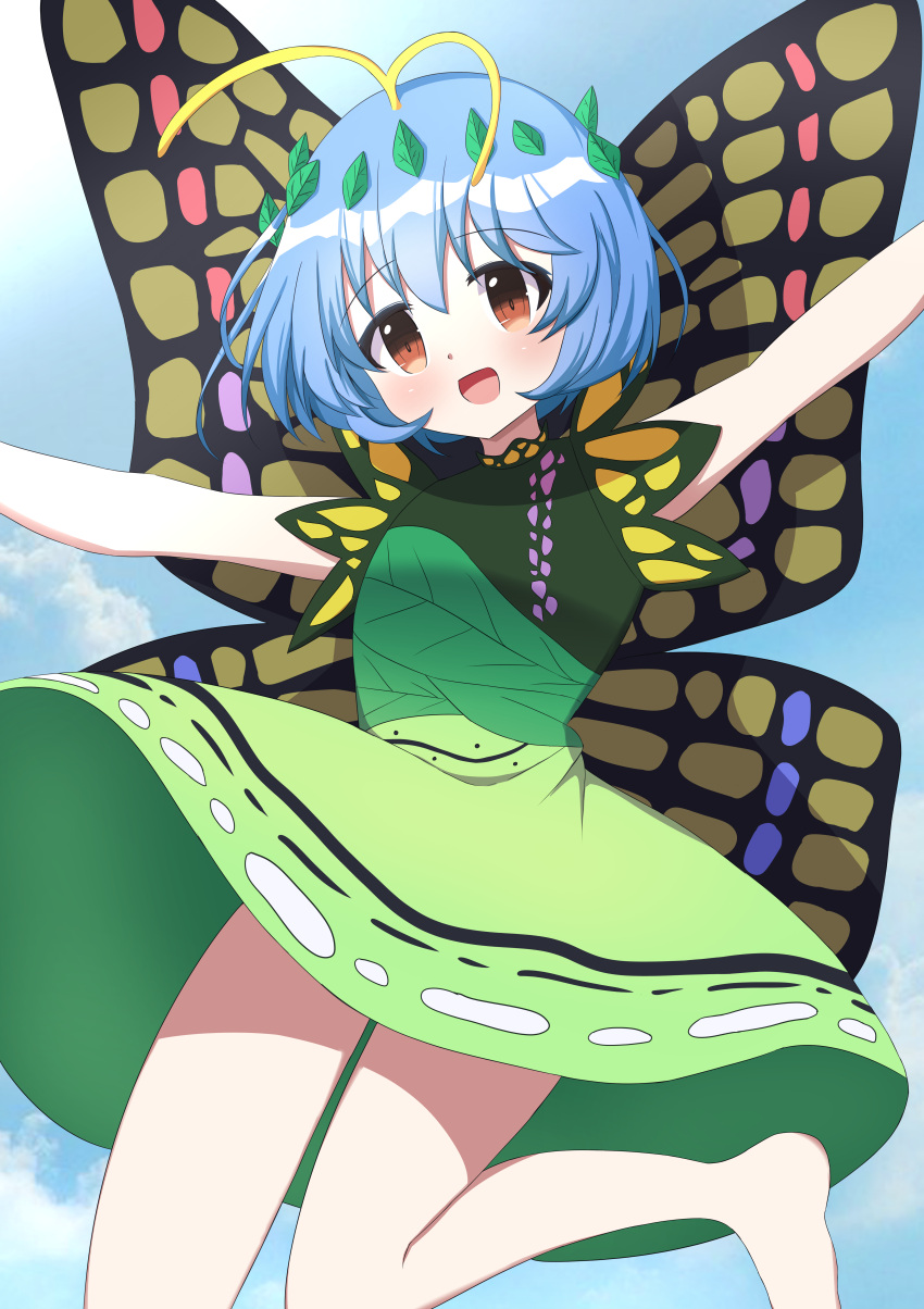 1girl absurdres antennae aqua_hair bad_anatomy bad_leg barefoot blush butterfly_wings chaleu dress eternity_larva eyebrows_visible_through_hair fairy foot_out_of_frame green_dress hair_between_eyes highres korean_commentary leaf leaf_on_head multicolored_clothes multicolored_dress open_mouth orange_eyes outstretched_arms short_hair short_sleeves smile solo spread_arms touhou wings
