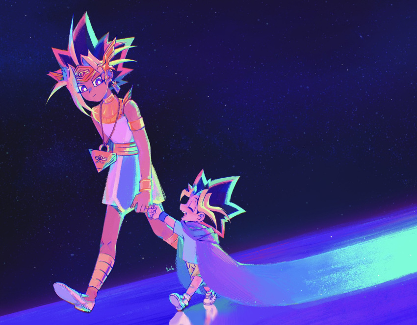 2boys atem black_hair blonde_hair bright_pupils closed_eyes commentary dark-skinned_male dark_skin earrings headband highres jewelry knees kohrokke looking_down male_focus millennium_puzzle multicolored_hair multiple_boys mutou_yuugi necklace open_mouth shirt shoes short_sleeves shorts smile spiky_hair standing t-shirt violet_eyes walking white_footwear white_pupils wristband yellow_shorts yu-gi-oh! yu-gi-oh!_duel_monsters