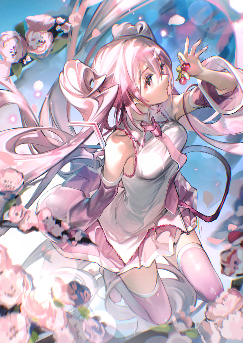 1girl absurdres alternate_hair_color bangs bare_shoulders commentary detached_sleeves hair_between_eyes hatsune_miku highres long_hair long_sleeves pink_eyes pink_hair pink_legwear pink_skirt rumoon shirt skirt solo thigh-highs twintails very_long_hair vocaloid white_shirt wide_sleeves