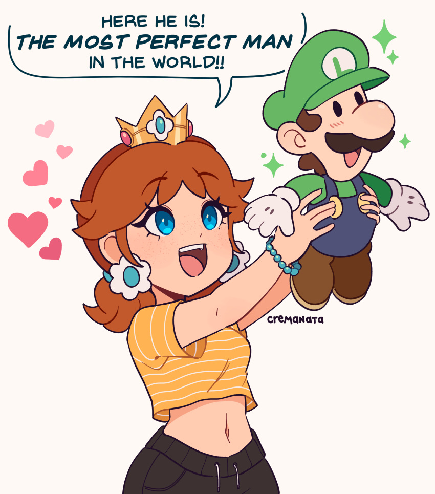 1boy 1girl :d blue_eyes blush bracelet breasts brown_hair cremanata crown english_text facial_hair gloves green_headwear happy hat heart hetero highres holding_person jewelry luigi midriff mustache navel open_mouth overalls princess_daisy shirt smile speech_bubble super_mario_bros. white_gloves yellow_shirt