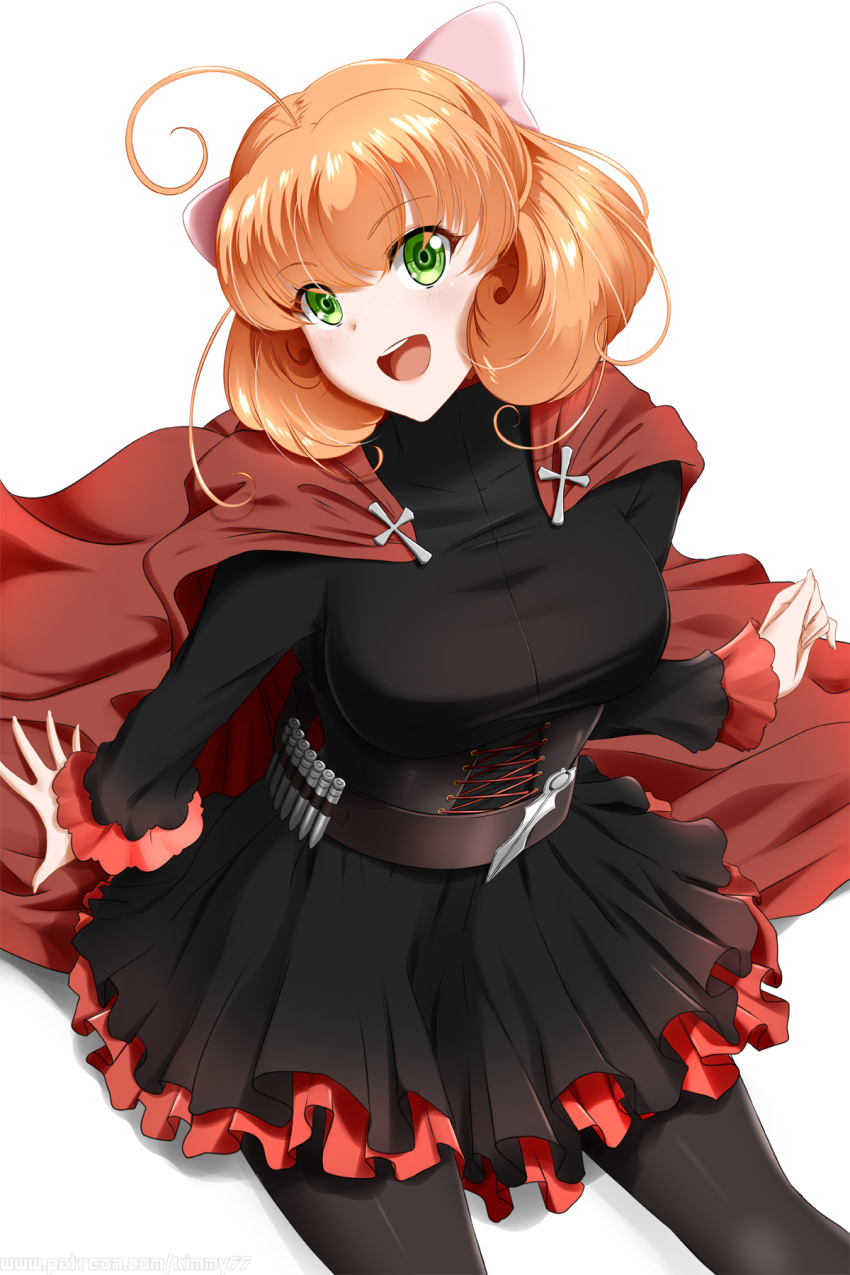 1girl :d ahoge bangs banned_artist belt black_dress black_legwear bow breasts brown_belt cape cosplay dress eyebrows_visible_through_hair from_above hair_between_eyes hair_bow head_tilt highres kimmy77 large_breasts layered_dress long_hair long_sleeves looking_at_viewer orange_hair pantyhose penny_polendina pink_bow red_cape ruby_rose ruby_rose_(cosplay) rwby shiny shiny_clothes shiny_hair shiny_legwear short_dress simple_background sitting smile solo white_background
