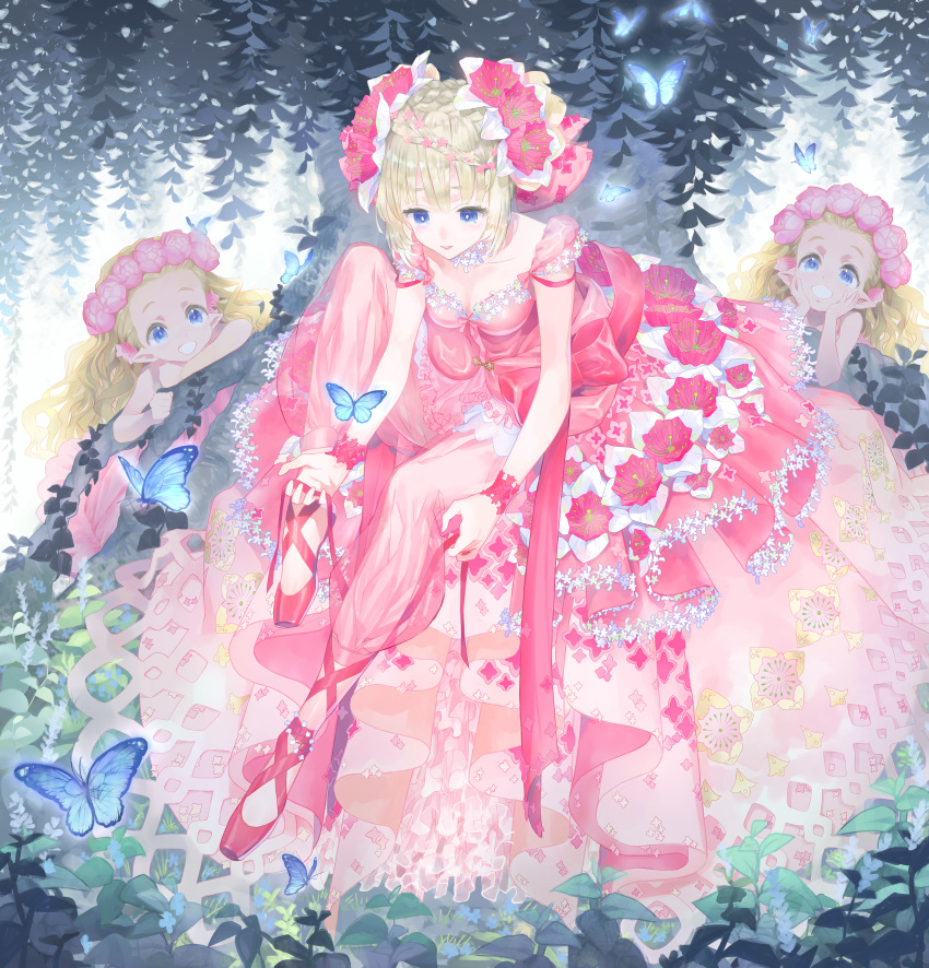 3girls :d absurdres ballet_slippers blonde_hair blue_eyes braid bug butterfly child cross-laced_clothes crown_braid dress dressing flower foliage frilled_dress frills gown head_wreath highres kishiwada_robin leg_up long_hair looking_at_another looking_down multiple_girls original parted_lips ribbon see-through see-through_pants sitting smile tree updo wrist_cuffs