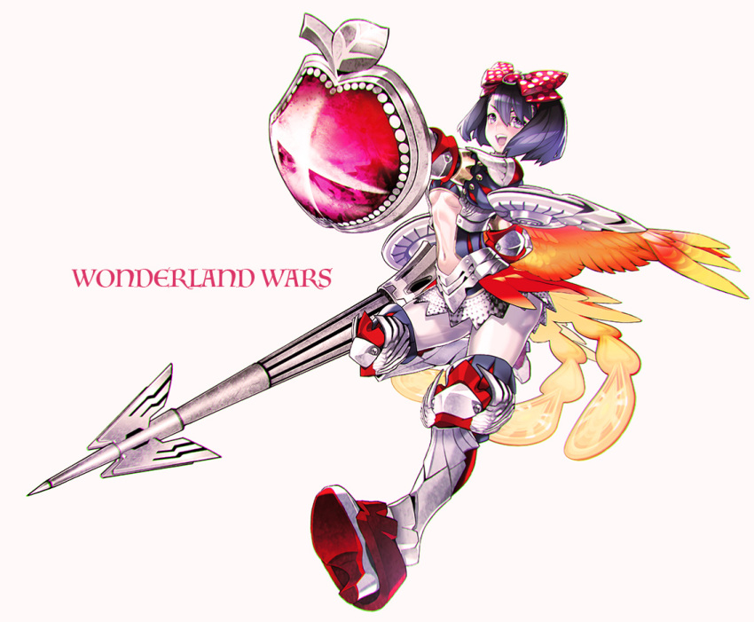 1girl armor blush bow clothing_cutout copyright_name feathered_wings greaves grey_background hair_between_eyes high_heels holding holding_polearm holding_shield holding_weapon lance low_wings maeshima_shigeki medium_hair navel navel_cutout open_mouth orange_wings patterned patterned_clothing polearm polka_dot polka_dot_bow puffy_sleeves purple_hair shield simple_background smile solo teeth tongue upper_teeth violet_eyes weapon wings wonderland_wars