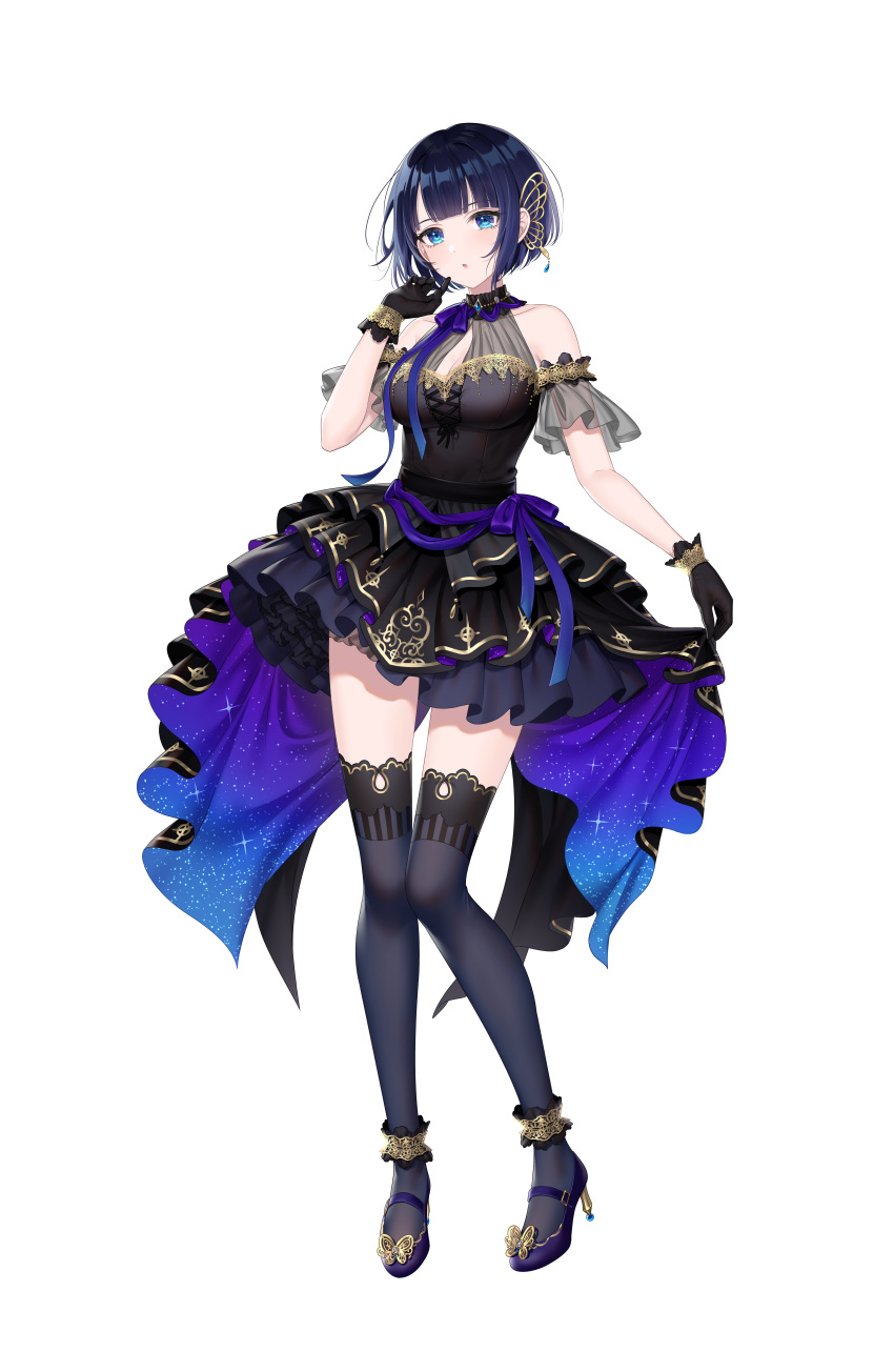 1girl :o absurdres ankle_garter arm_at_side bangs black_gloves blue_eyes breasts dark_blue_hair dress frilled_dress frills full_body gloves hair_ornament halter_dress halterneck hand_up highres looking_at_viewer mairo mary_janes medium_breasts open_mouth propro_production see-through shiduki_sena shoes short_hair simple_background solo standing thigh-highs transparent_background virtual_youtuber