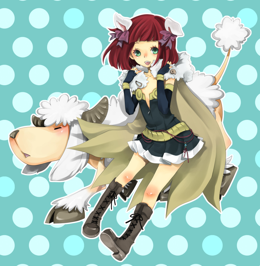 1girl alchemist_(ragnarok_online) amistr_(ragnarok_online) animal_ears bangs blue_background blue_gloves blush boots bow brown_cape brown_footwear cape commentary_request cross-laced_footwear dog_ears dress elbow_gloves fingerless_gloves flat_chest full_body fur_collar gloves green_eyes grey_dress hair_bow highres looking_at_viewer open_mouth purple_bow ragnarok_online redhead sheep short_dress short_hair smile strapless strapless_dress yutsuki