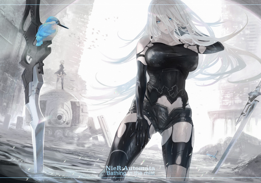 2girls alternate_breast_size android backlighting bird black_shorts blue_eyes breasts copyright_name covered_nipples day english_text floating_hair hand_in_hair highres kingfisher large_breasts lens_flare long_hair machine_(nier) maeshima_shigeki mole mole_under_mouth multiple_girls nier_(series) nier_automata planted planted_sword post-apocalypse robot shorts silver_hair solo_focus sword taut_clothes type-4o_sword virtuous_contract virtuous_treaty wading water weapon yorha_no._2_type_b yorha_type_a_no._2