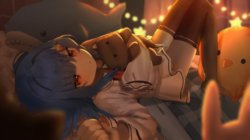 1girl :o absurdres black_legwear blue_hair blurry blurry_background blurry_foreground bow bowtie depth_of_field food-themed_hair_ornament full_body hair_ornament hand_up highres hinanawi_tenshi holding holding_stuffed_toy knees_up light_blush long_hair long_sleeves looking_at_viewer lying no_hat no_headwear no_pants on_back peach_hair_ornament red_bow red_bowtie red_eyes sleeves_past_fingers sleeves_past_wrists slepp solo star_(symbol) stuffed_animal stuffed_toy thigh-highs touhou