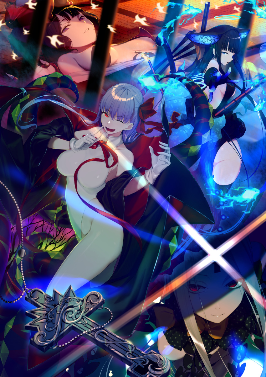 4girls ;d abigail_williams_(fate) absurdres animal_ears ass bangs bb_(fate) bb_(swimsuit_mooncancer)_(fate) biting black_cape black_dress black_hair blonde_hair blue_eyes blue_fire bow breasts cape commentary_request diffraction_spikes dress evil_smile eyebrows_visible_through_hair fantasy fate/grand_order fate_(series) finger_to_mouth fire floor gloves grin groin hair_bow highres index_finger_raised katsushika_hokusai_(fate) kurogiri large_breasts leotard lip_biting long_hair lying medium_breasts multiple_girls neck_ribbon on_back one_eye_closed polearm purple_hair red_bow red_eyes red_ribbon ribbon shaded_face shushing sideboob sidelocks skin_tight sleeveless small_breasts smile sunlight tail violet_eyes weapon white_gloves white_leotard yang_guifei_(fate)