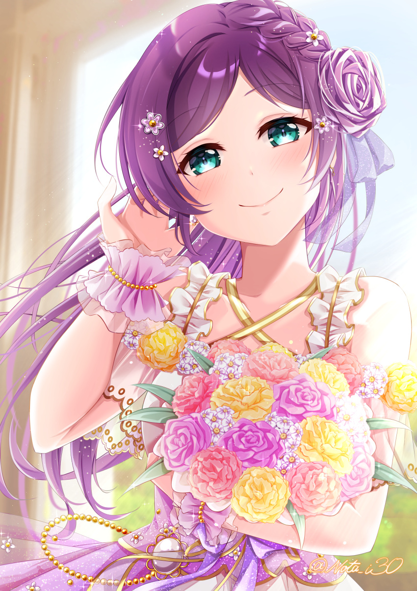 1girl absurdres bangs blue_eyes blurry blurry_background blush bouquet closed_mouth collarbone criss-cross_halter eyebrows_visible_through_hair floating_hair flower hair_flower hair_ornament halterneck hand_in_hair highres holding holding_bouquet long_hair looking_at_viewer love_live! love_live!_school_idol_project nota_ika parted_bangs pink_flower pleated_skirt purple_flower purple_hair purple_skirt shiny shiny_hair skirt smile solo sparkle standing toujou_nozomi twitter_username very_long_hair white_flower yellow_flower