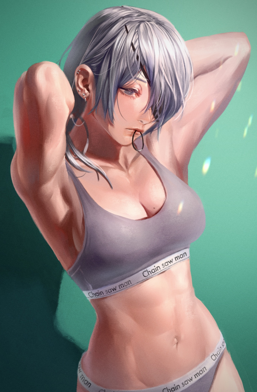 1girl armpits arms_behind_head arms_up bangs bare_arms breasts chainsaw_man closed_mouth commentary copyright_name ear_piercing green_background grey_eyes grey_panties grey_sports_bra hair_over_one_eye hair_tie_in_mouth highres large_breasts looking_away mole mole_on_breast mouth_hold navel panties piercing quanxi_(chainsaw_man) sdf1313 silver_hair simple_background solo sports_bra stomach tying_hair underwear upper_body