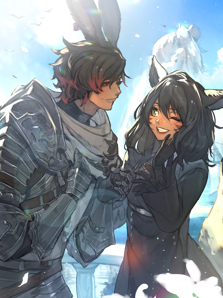 1boy 1girl absurdres animal_ears armor avatar_(ff14) bangs bishounen black_hair breastplate cape cat_ears closed_mouth commentary_request day dress earrings facial_mark final_fantasy final_fantasy_xiv flower freckles gauntlets gloves green_eyes grin hair_between_eyes hand_on_own_cheek hand_on_own_chest hand_on_own_face hands_up height_difference hide_(hideout) highres holding holding_hands jewelry leaning_forward lips long_hair long_sleeves looking_at_another miqo'te multicolored_hair one_eye_closed outdoors rabbit_ears redhead slit_pupils smile sunlight tan two-tone_hair upper_body viera whisker_markings white_flower