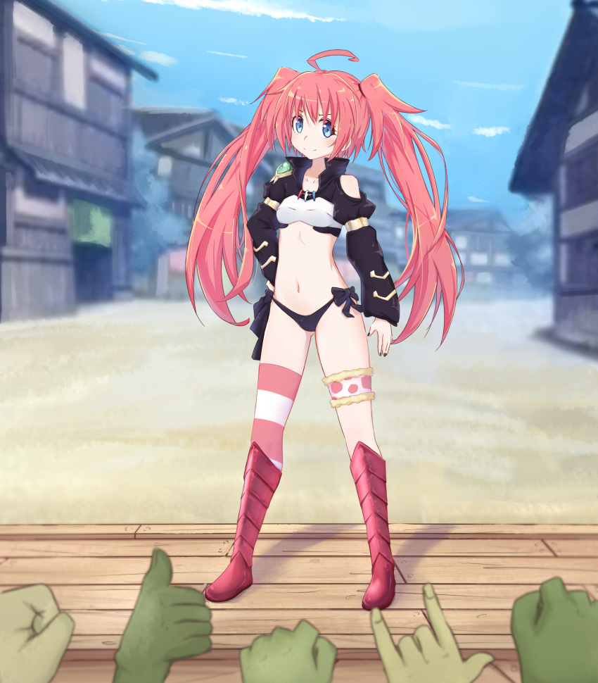 1girl 5others ahoge ass_visible_through_thighs bandeau black_panties black_shirt black_sleeves blue_eyes boots breasts crop_top full_body gem hand_on_hip hands highres knee_boots legs long_hair milim_nava multiple_others nail_polish navel no_pants outdoors panties pink_footwear pink_hair shirt side-tie_panties single_thighhigh small_breasts smile stage striped striped_legwear tensei_shitara_slime_datta_ken thigh-highs thigh_strap thighs twintails underwear very_long_hair village white_bandeau