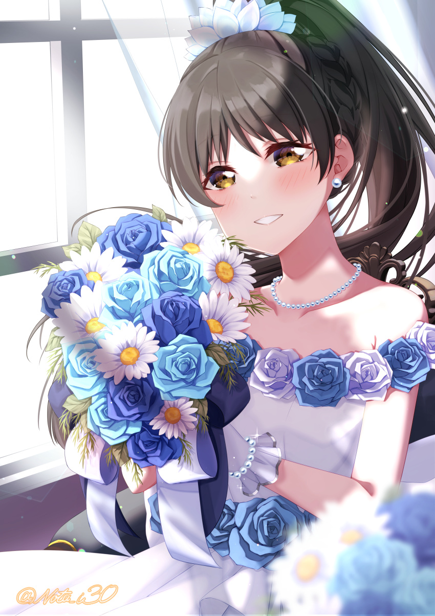 1girl absurdres black_hair blue_flower blue_rose blurry blurry_foreground bouquet braid collarbone dress earrings floating_hair flower gloves grin hazuki_ren highres holding holding_bouquet jewelry long_hair looking_at_viewer love_live! love_live!_superstar!! necklace nota_ika off-shoulder_dress off_shoulder ponytail rose sitting sleeveless sleeveless_dress smile solo sparkle wedding_dress white_dress white_flower white_gloves yellow_eyes