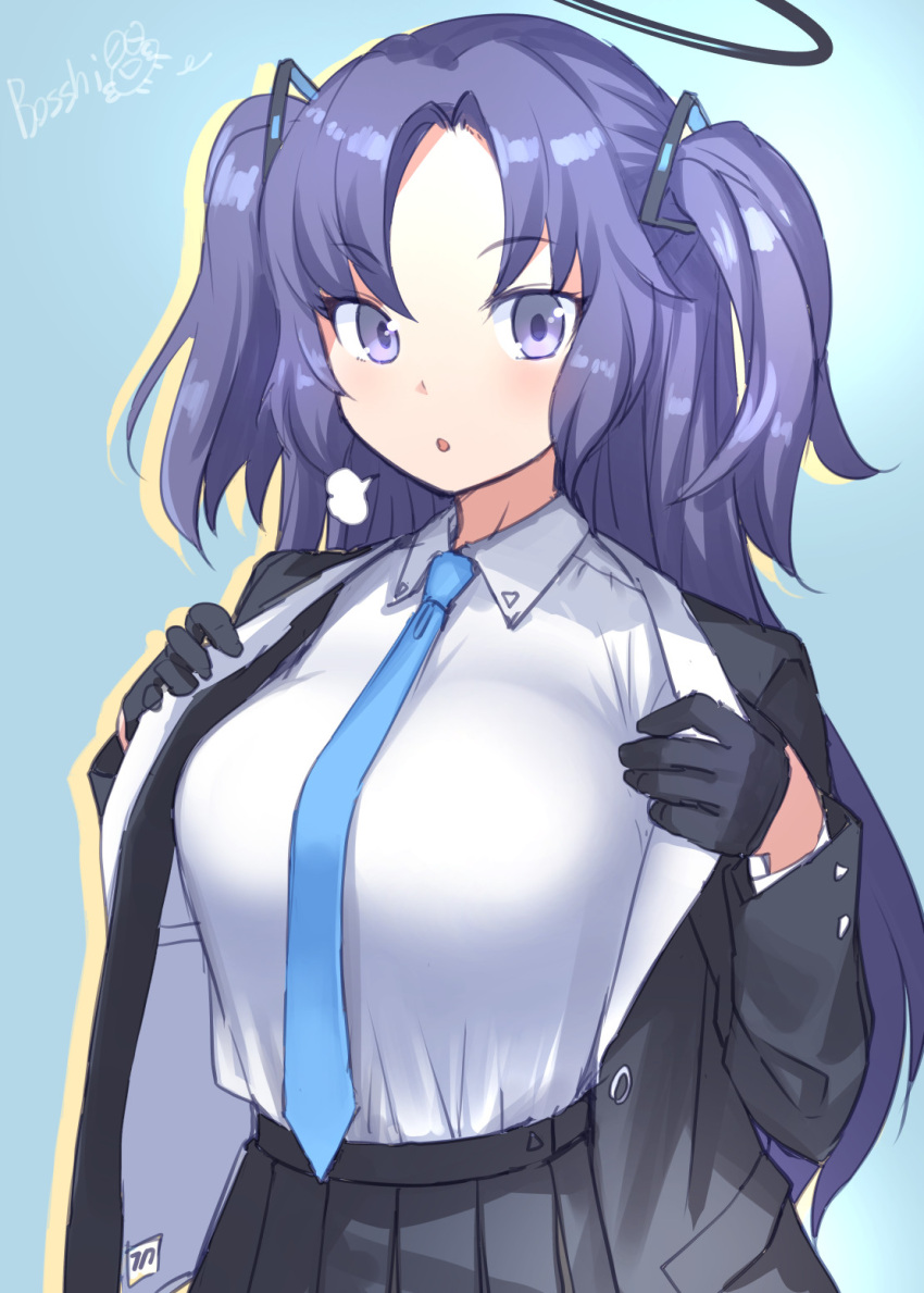 1girl artist_name bangs black_gloves black_skirt blue_archive blue_necktie blush bosshi breasts breath eyebrows_visible_through_hair gloves halo highres jacket long_hair long_sleeves looking_at_viewer necktie open_clothes open_mouth purple_hair shirt simple_background skirt solo two_side_up upper_body violet_eyes white_shirt yuuka_(blue_archive)