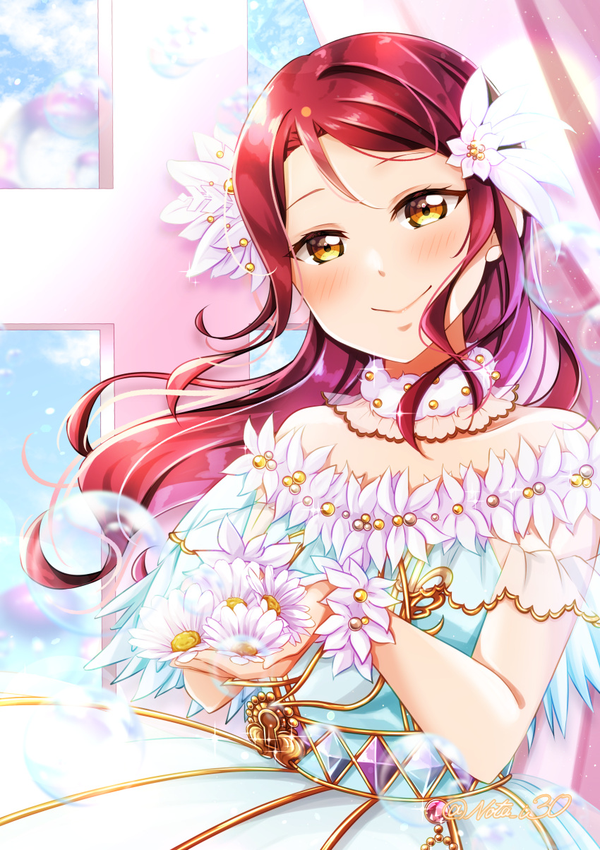 1girl absurdres blush bouquet choker closed_mouth dress floating_hair flower hair_flower hair_ornament highres holding holding_bouquet long_hair looking_at_viewer love_live! love_live!_sunshine!! nota_ika off-shoulder_dress off_shoulder redhead sakurauchi_riko shiny shiny_hair smile solo sparkle very_long_hair white_flower yellow_eyes