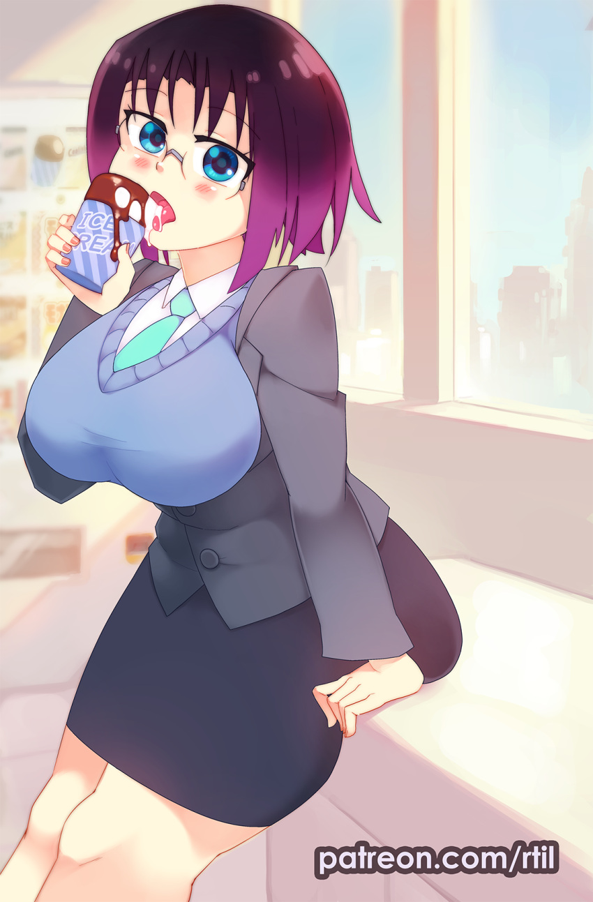 1girl aqua_necktie black_hair blue_eyes blush breasts city collared_shirt day elma_(maidragon) feet_out_of_frame food formal glasses gradient_hair grey_jacket highres ice_cream indoors jacket kobayashi-san_chi_no_maidragon large_breasts lingerie looking_at_viewer multicolored_hair necktie office_lady purple_hair rtil shirt short_hair skirt skirt_suit solo suit underwear vending_machine white_skirt
