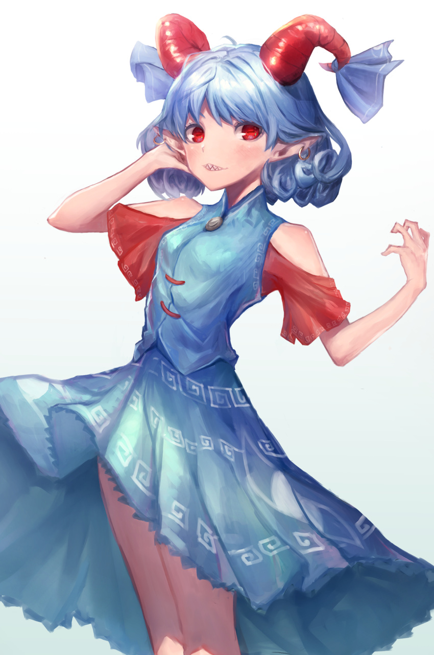 1girl bare_shoulders blush clothing_cutout curly_hair feet_out_of_frame highres horns leste_(humansequencer) light_blue_hair looking_at_viewer parted_lips red_eyes sharp_teeth short_hair shoulder_cutout simple_background solo standing teeth touhou toutetsu_yuuma white_background