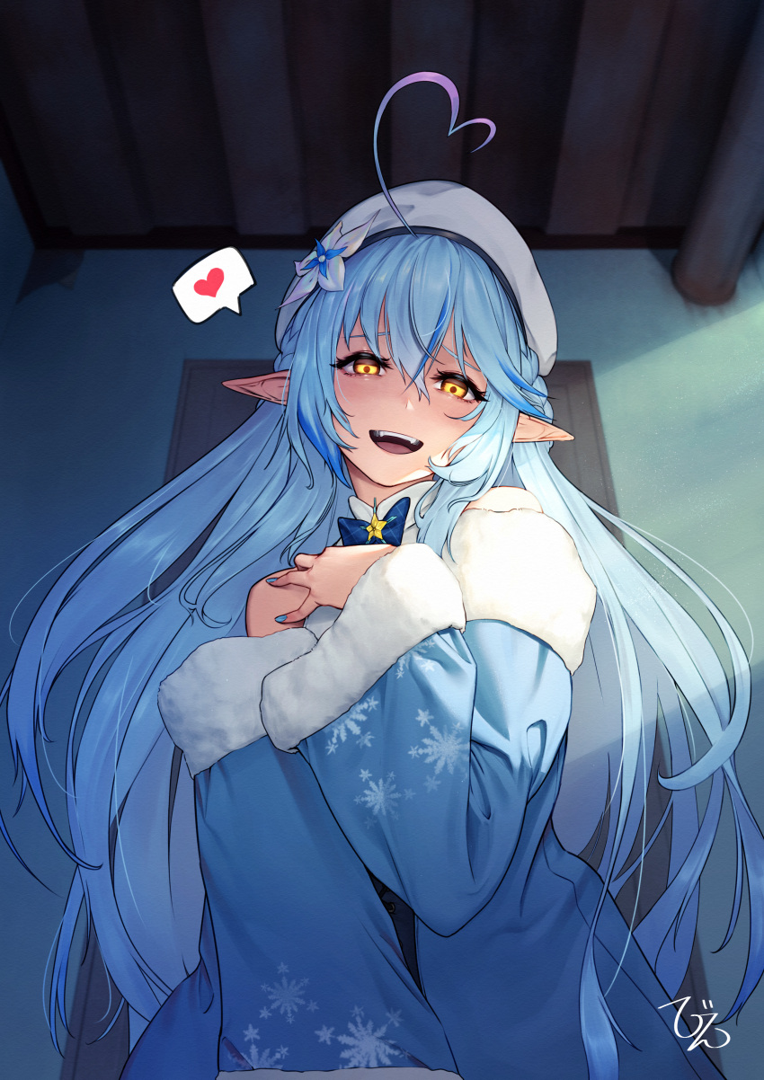 1girl :d absurdres ahoge artist_name bangs bare_shoulders beeeeen beret blue_bow blue_bowtie blue_coat blue_hair blue_nails blurry blurry_background bow bowtie braid ceiling coat collared_shirt commentary_request door fangs fingernails flower fur-trimmed_coat fur_trim hair_between_eyes hand_on_own_chest hand_up hat hat_flower head_tilt heart heart_ahoge highres hololive indoors light_particles long_hair long_sleeves looking_at_viewer multicolored_hair nail_polish off_shoulder open_mouth plaid plaid_bow plaid_bowtie pointy_ears print_coat purple_hair shirt sleeveless sleeveless_shirt smile snowflake_print solo speech_bubble spoken_heart streaked_hair teeth upper_body upper_teeth very_long_hair virtual_youtuber wavy_hair white_flower white_headwear white_shirt wide_sleeves yellow_eyes yukihana_lamy