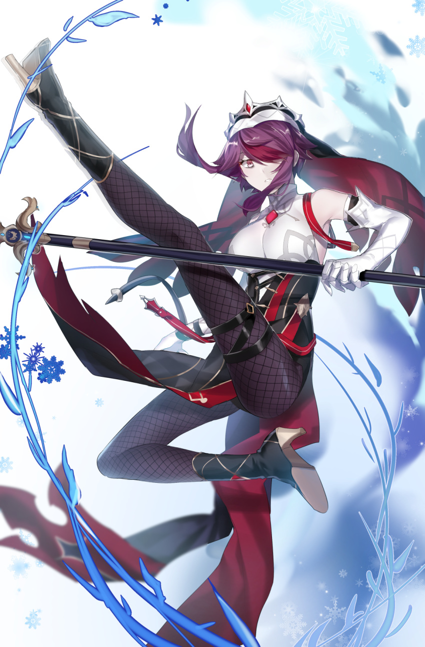 1girl bare_shoulders black_footwear boots breasts claw_ring commentary elbow_gloves fishnet_legwear fishnets genshin_impact gloves grape_(pixiv27523889) habit high_collar high_heel_boots high_heels highres holding holding_polearm holding_weapon ice large_breasts leg_up looking_at_viewer nun pale_skin pantyhose parted_lips pelvic_curtain polearm purple_legwear red_eyes redhead rosaria_(genshin_impact) simple_background solo thigh_strap translated weapon white_background white_gloves