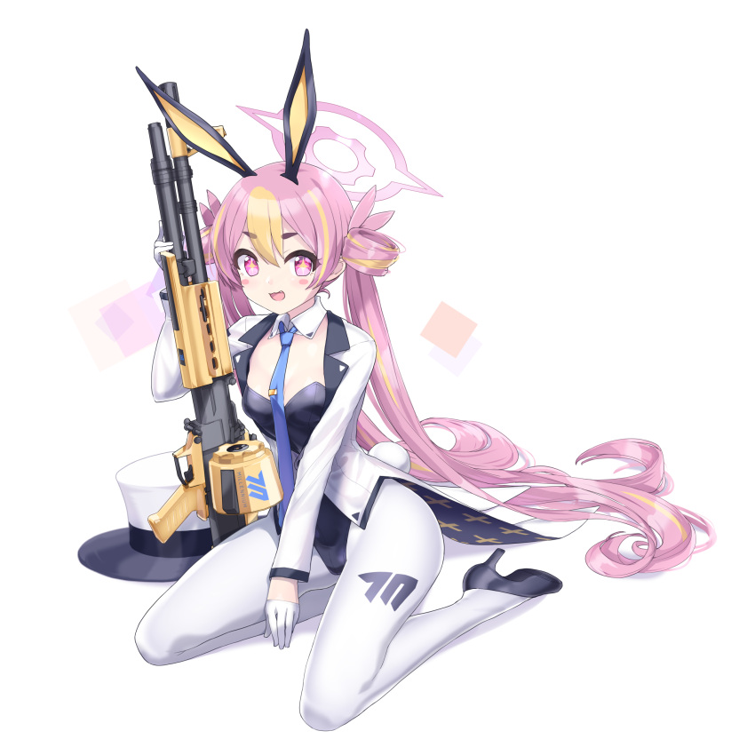 1girl :3 animal_ears blonde_hair blue_archive blue_necktie blush breasts detached_collar eyebrows_visible_through_hair fake_animal_ears fang formal gloves gun hair_between_eyes hair_ribbon half_gloves halo hat highres holding holding_weapon koyuki_(blue_archive) ktsecond long_hair looking_at_viewer m60 machine_gun multicolored_hair necktie open_clothes open_mouth pantyhose pink_eyes pink_hair pink_ribbon playboy_bunny rabbit_ears ribbon short_eyebrows simple_background sitting small_breasts solo star-shaped_pupils star_(symbol) streaked_hair suit symbol-shaped_pupils tie_clip top_hat twintails two-tone_hair very_long_hair weapon white_background white_gloves white_legwear white_suit yokozuwari