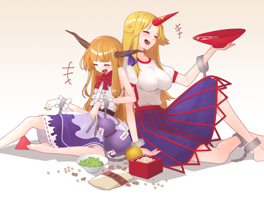 +++ 2girls arm_up bangs barefoot beans blonde_hair blue_skirt blunt_bangs bow bowl bowtie breasts buttons center_frills chain charng_a commentary_request cuffs cup drunk frills gourd gradient gradient_background hair_bow highres holding holding_cup horn_ornament horn_ribbon horns hoshiguma_yuugi ibuki_suika lace-trimmed_skirt lace_trim large_breasts laughing long_hair low-tied_long_hair multiple_girls oni oni_horns open_mouth orange_hair orb pink_background puffy_short_sleeves puffy_sleeves purple_skirt red_bow red_bowtie red_horns ribbon ribbon-trimmed_skirt ribbon_trim sakazuki setsubun shackles shiny shiny_hair shirt short_sleeves sidelocks single_horn sitting skirt sleeveless sleeveless_shirt torn_clothes torn_sleeves touhou triangle white_shirt wrist_cuffs