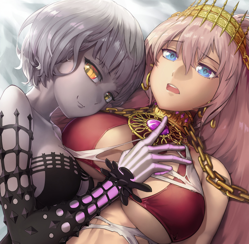 2girls bikini bikini_top_only blue_eyes breasts chain colored_skin earrings fate/grand_order fate_(series) gold_chain grey_hair grey_skin hand_on_another's_chest highres jacques_de_molay_(foreigner)_(fate) jewelry large_breasts lizart long_hair medium_breasts multiple_girls revision smile swimsuit torn_clothes yellow_eyes zenobia_(fate)