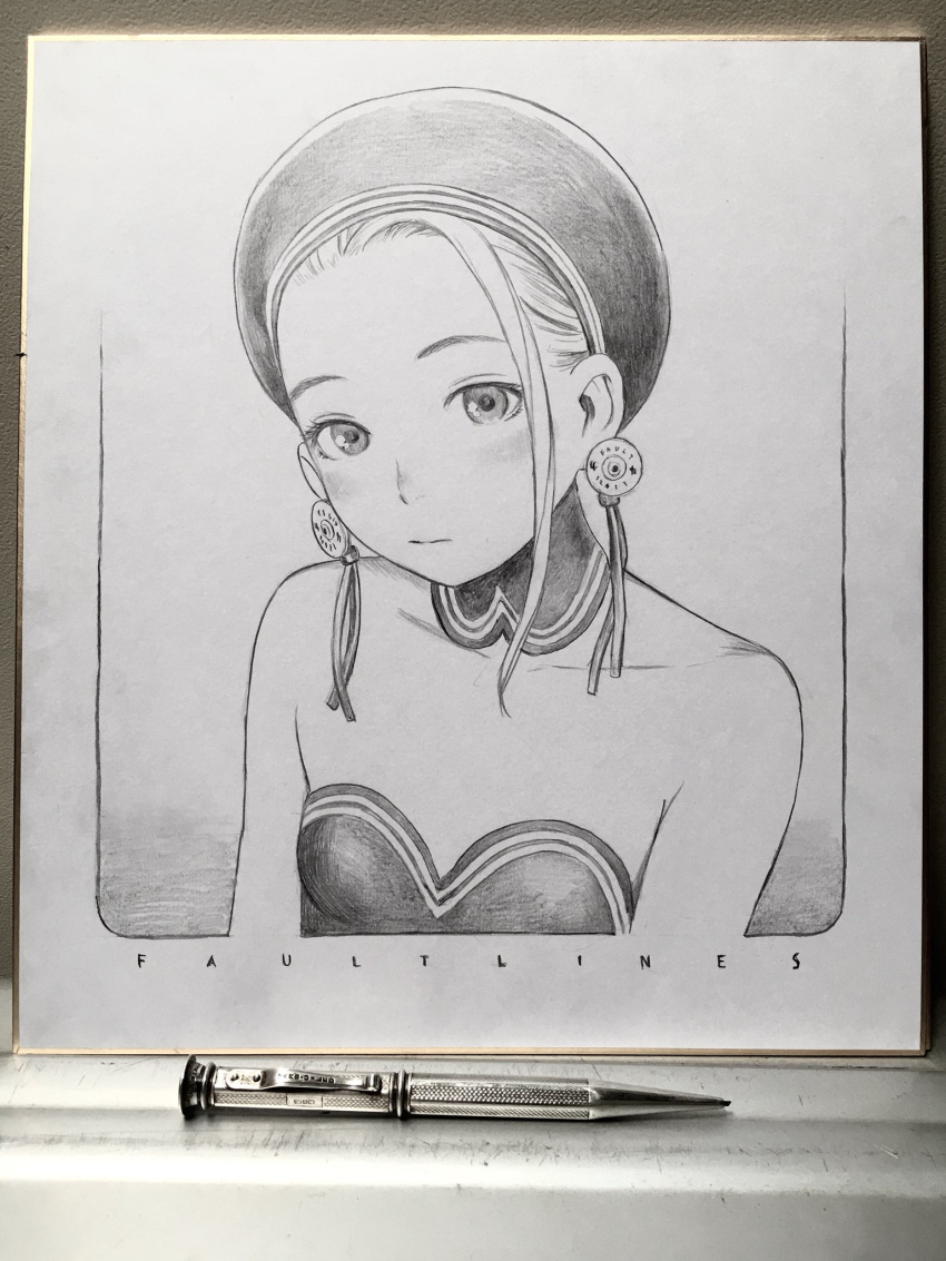 1girl bare_shoulders border breasts choker closed_mouth collar collarbone earrings english_text expressionless graphite_(medium) greyscale hat highres jewelry looking_at_viewer mechanical_pencil monochrome murata_range original pencil photo_(medium) shikishi short_hair small_breasts solo strapless traditional_media upper_body