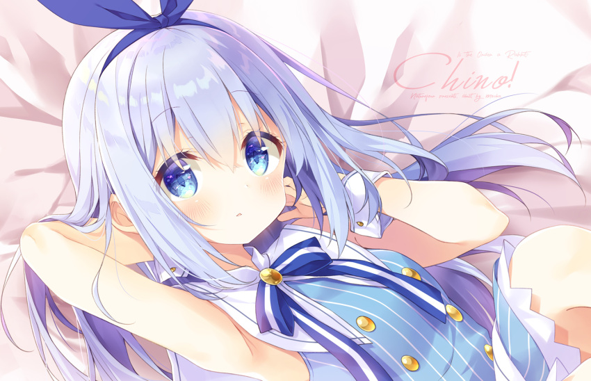 1girl arm_behind_back bangs blue_bow blue_dress blue_eyes blue_hairband blue_ribbon bow bow_hairband character_name dress eyebrows_visible_through_hair gochuumon_wa_usagi_desu_ka? hair_bow hairband hands_in_hair kafuu_chino long_hair mocha_(naturefour) neck_ribbon ribbon sailor_collar sailor_dress shiny shiny_hair short_dress silver_hair sleeveless sleeveless_dress solo striped striped_dress vertical-striped_dress vertical_stripes very_long_hair white_sailor_collar wrist_cuffs