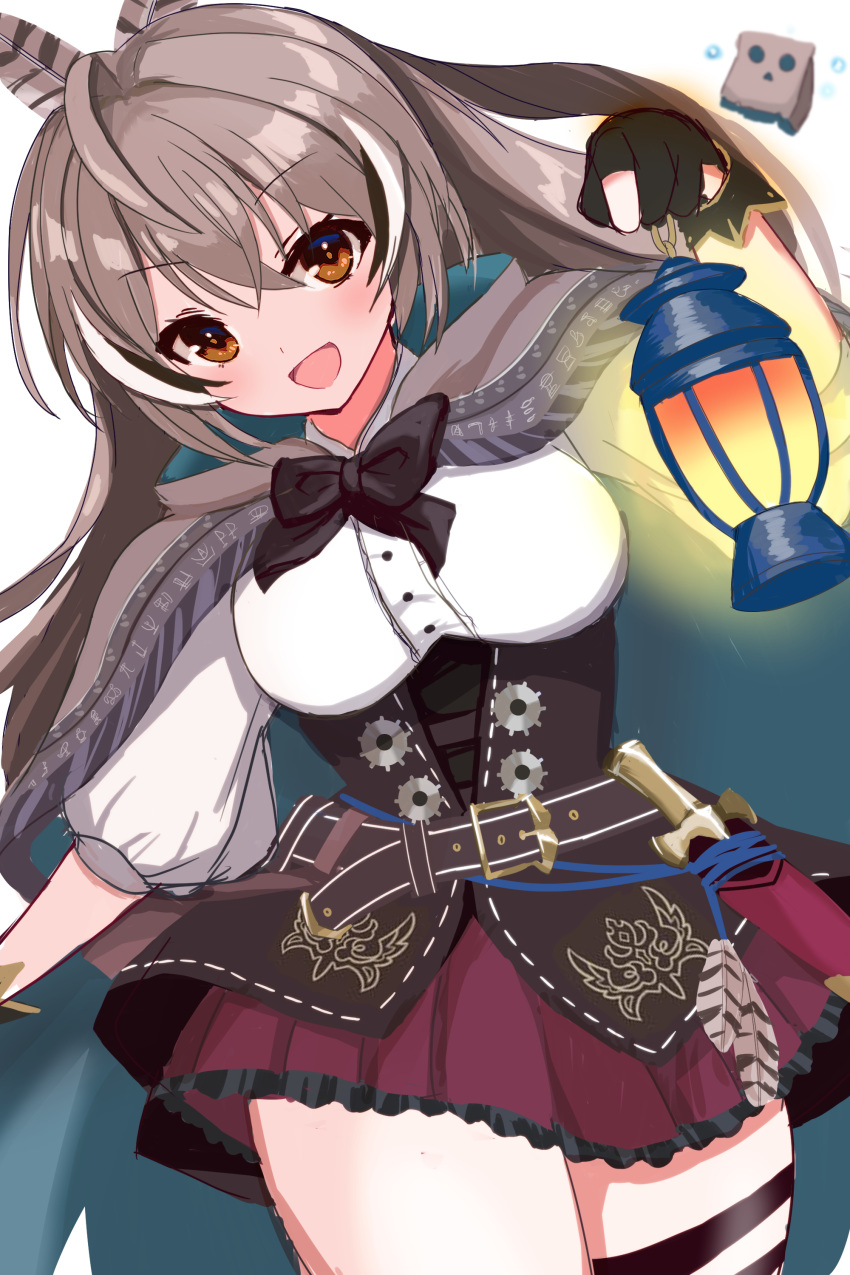 1girl absurdres ahoge bangs belt blush brown_capelet brown_cloak brown_corset brown_eyes brown_hair cape capelet cloak corset dagger feather_hair_ornament feathers friend_(nanashi_mumei) gloves hair_ornament hieroglyphics highres hololive hololive_english knife lantern long_hair looking_at_viewer multicolored_hair nanashi_mumei partially_fingerless_gloves pleated_skirt ponytail red_skirt ribbon shirt skirt smile solo streaked_hair thigh-highs thigh_strap virtual_youtuber weapon white_shirt yusyajisanyo